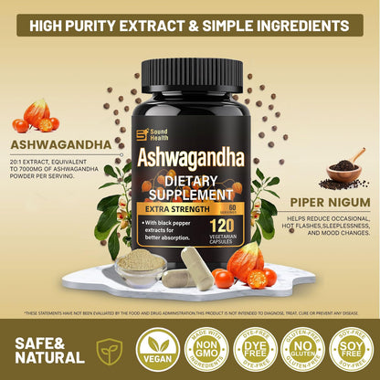7000mg Ashwagandha Supplements Powder (20:1 Root Extract), 120 Organic Ashwagandha Capsules for Women & Men, Black Pepper & BioPerine for Absorption, Non GMO, Third-Party Tested, Gluten Free - Maple Wellness Supplements