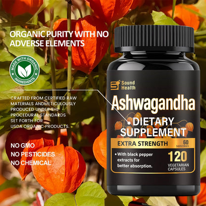 7000mg Ashwagandha Supplements Powder (20:1 Root Extract), 120 Organic Ashwagandha Capsules for Women & Men, Black Pepper & BioPerine for Absorption, Non GMO, Third-Party Tested, Gluten Free - Maple Wellness Supplements