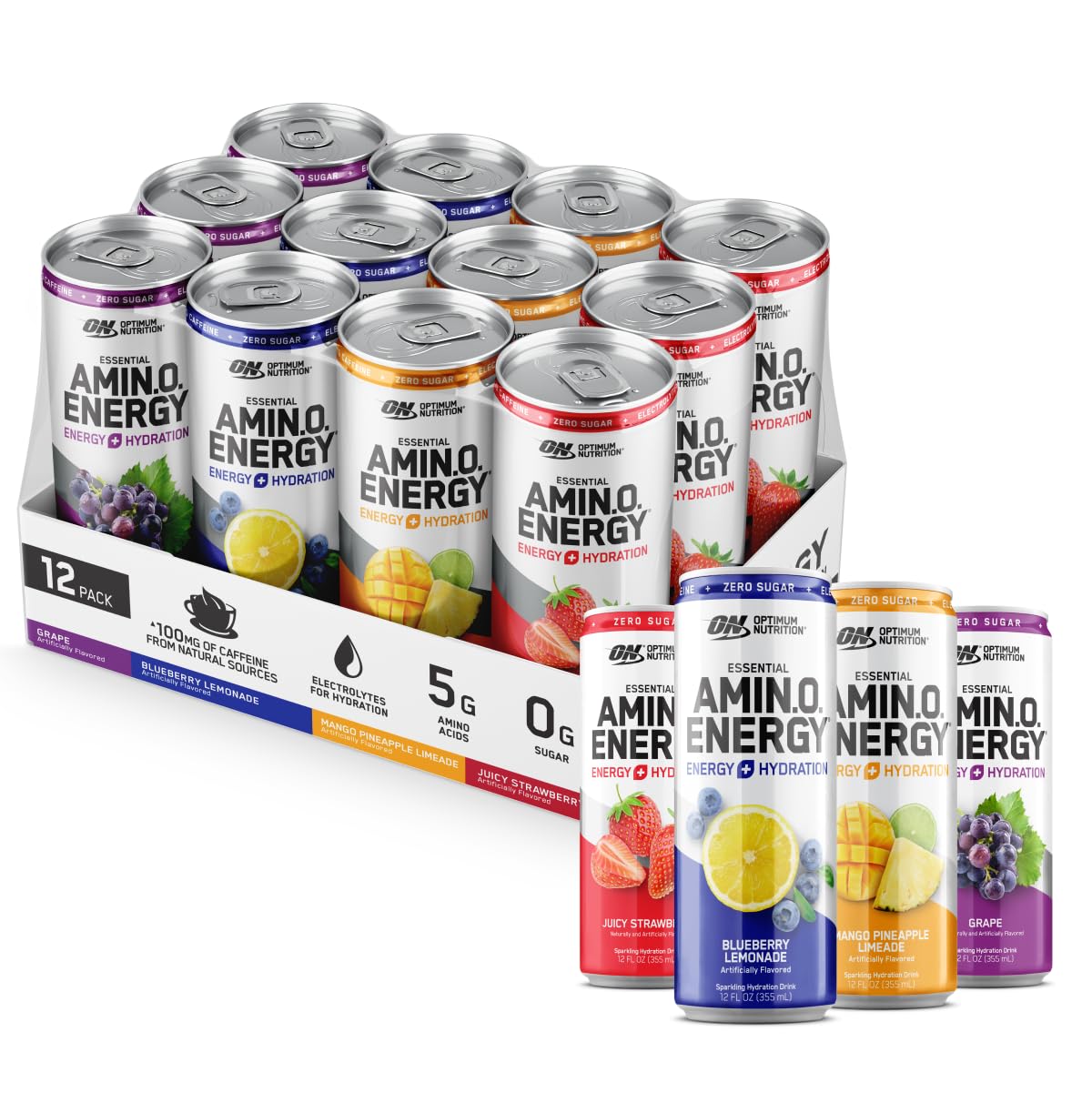 Optimum Nutrition Amino Energy Sparkling Hydration Drink, Electrolytes, Caffeine, Amino 