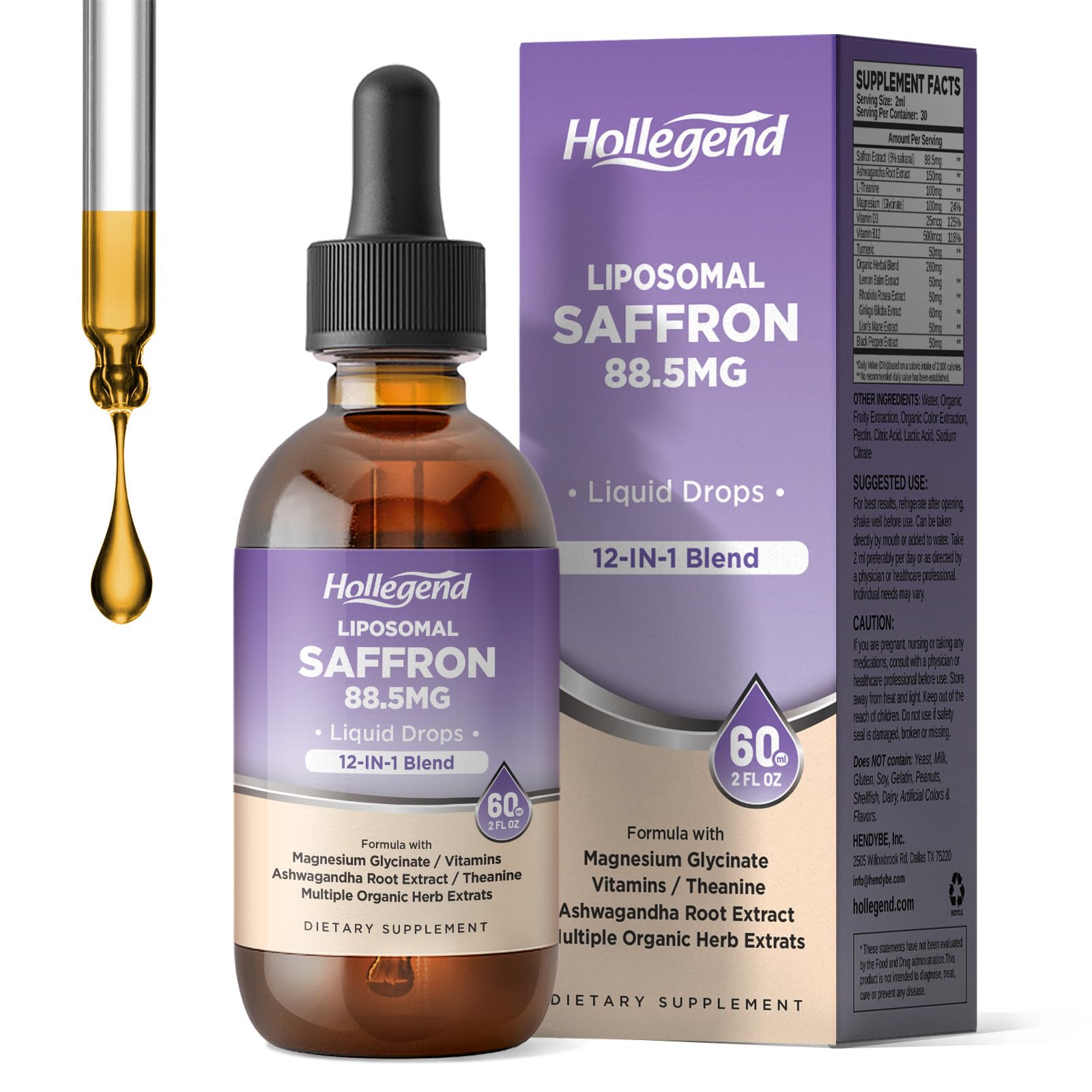 HOLLEGEND Liposomal Saffron Drops for Kids & Adults, Organic Saffron Supplement w/Magnesium, L-Theanine and Vitamins for Stress, Focus, Vision and Energy Support, Vegan, Natural Lemon Flavor, 2 FL OZ HOLLEGENDBuy Supplements Australia