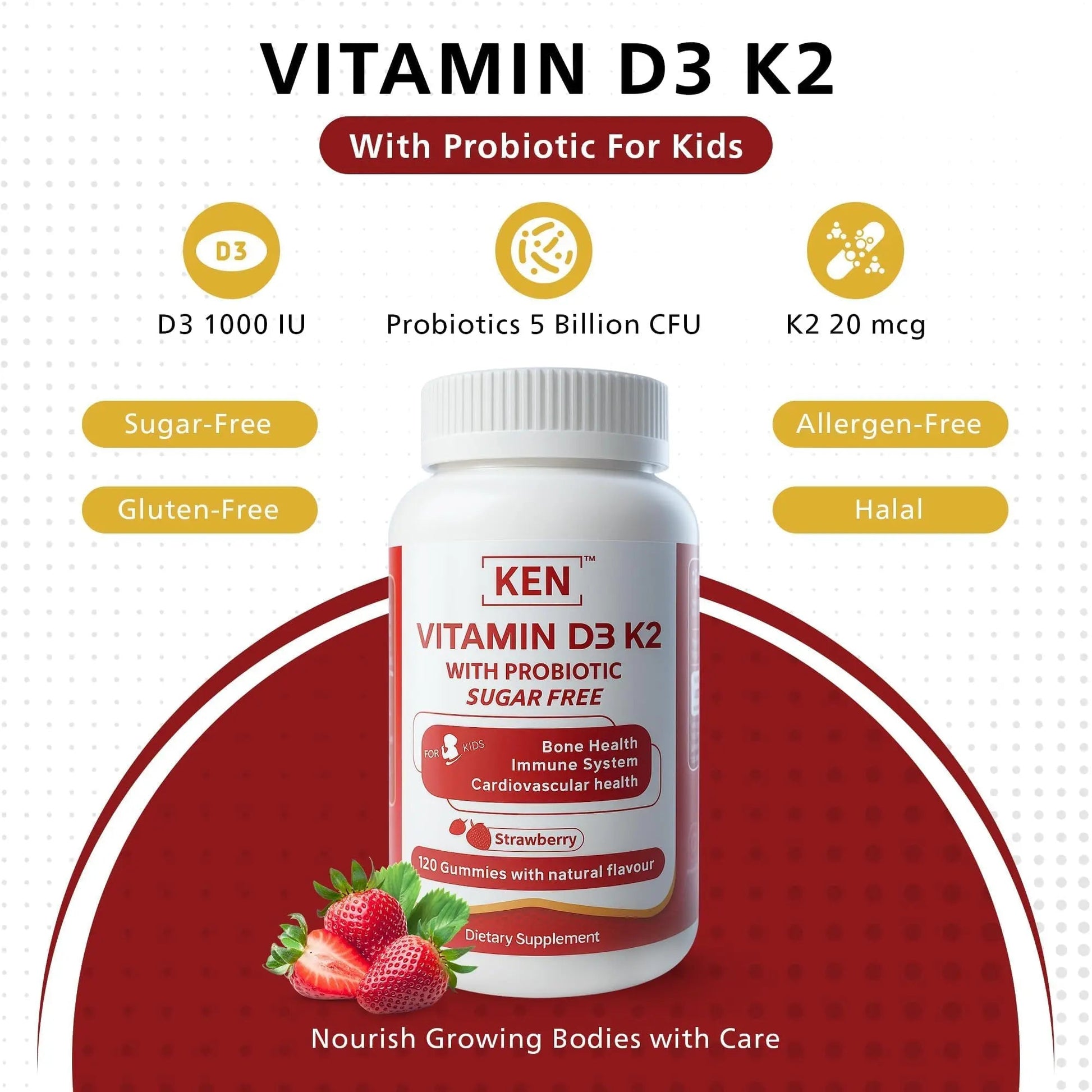 KEN Vitamin D3 K2 with Probiotic for Kids, Sugar-Free Gummies for Calcium Absorption, Bone Support, 5 Billion CFU Probiotics for Gut Balance and Immune Function KEN