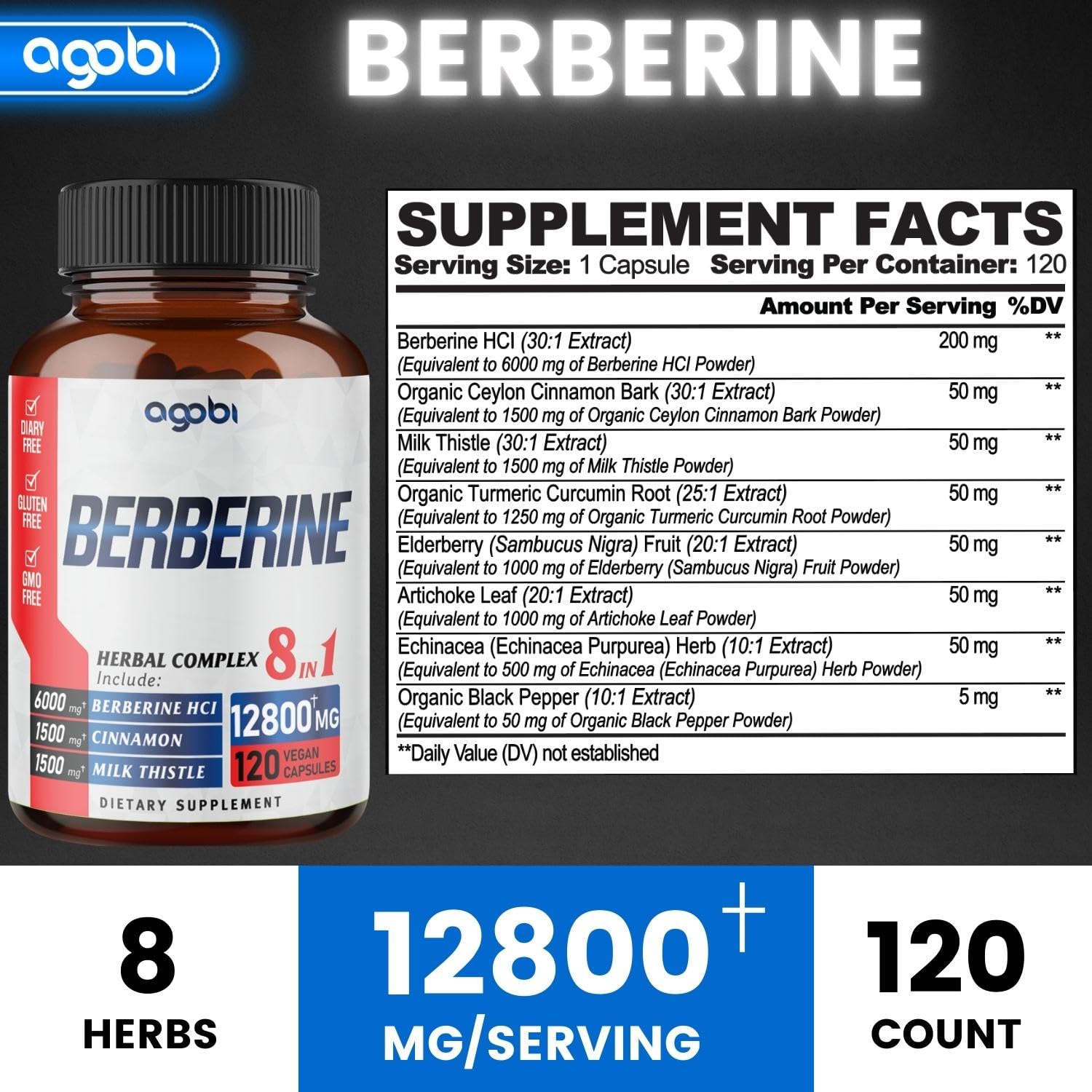 120 Capsules - Berberine Supplement 12800mg with Ceylon, Milk Thistle, Turmeric agobiBuy Supplements Australia
