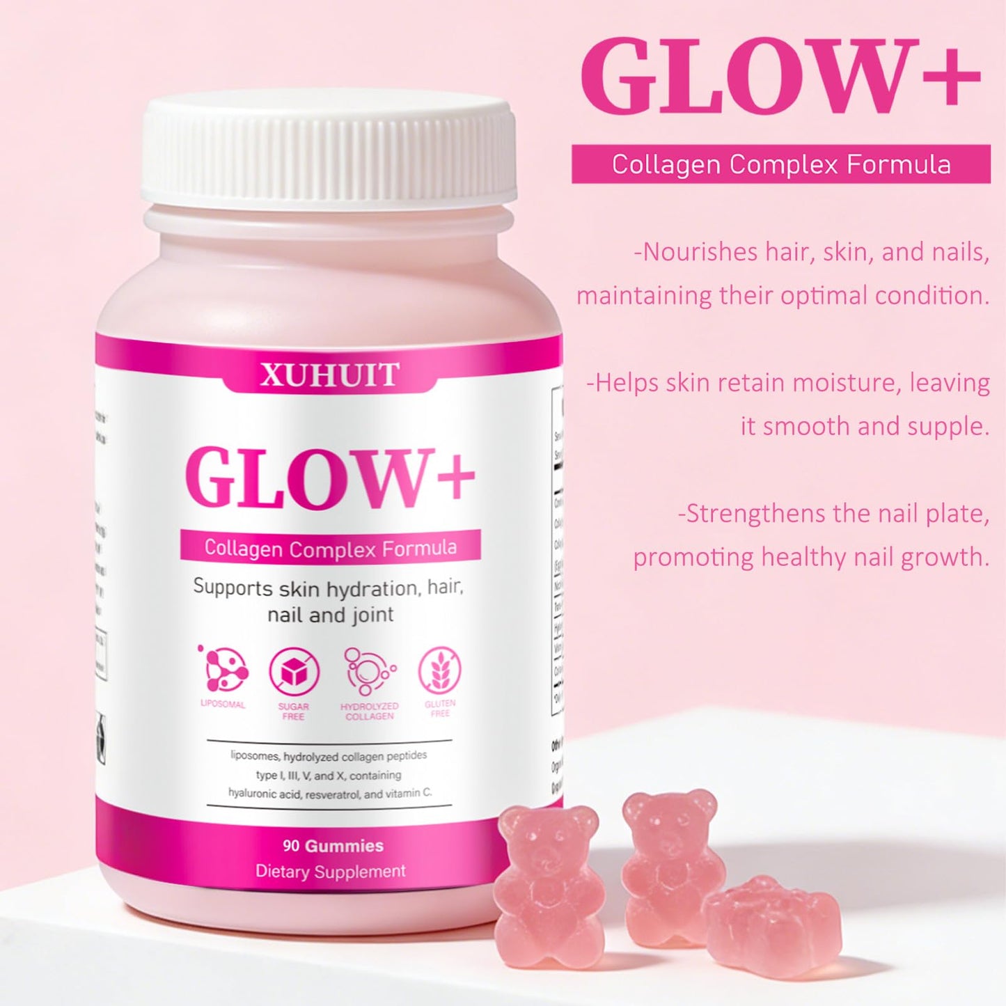 PBZPBZ Glow Collagen Gummies with Hyaluronic Acid & Resveratrol | Gentle Support for Skin, Hair & Nail Care | Non-GMO | 90 Count (1) PBZPBZBuy Supplements Australia