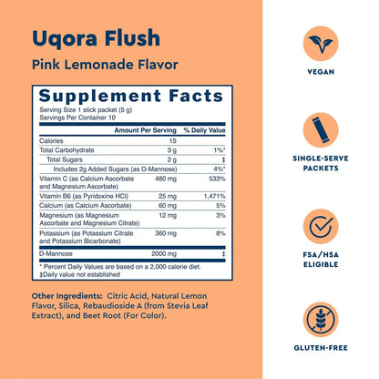 Uqora Flush - Urinary Tract* with D-Mannose, Vitamin C, Vitamin B6, Potassium, Magnesium & Calcium - Gluten-Free & Vegan - Pink Lemonade Flavor - 10 Packets (1 Pack) UqoraBuy Supplements Australia