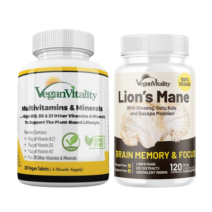 Vegan Vitality Lion's Mane x General Health Combo Bundle - 6 Months Lion's Mane and Multivitamins Vegan VitalityBuy Supplements Australia