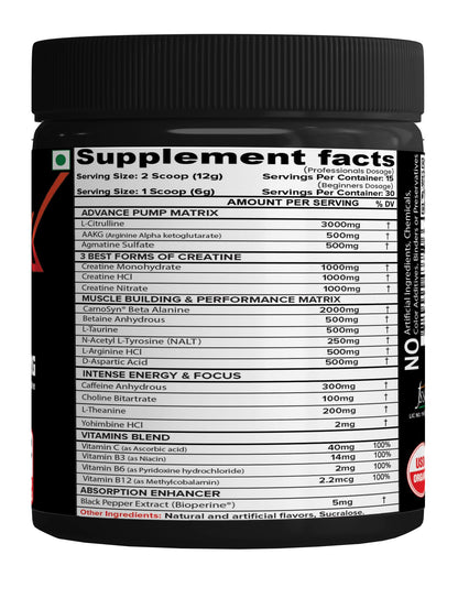 NutriJa Weapon-X Pre-Workout Powder with 21 Active Ingredients - 3 Best Forms of Creatine, AAKG, Beta-Alanine, Caffeinated | Pumps, Viens Popping, Energy, Focus & Strength (30 Servings (Pineapple))