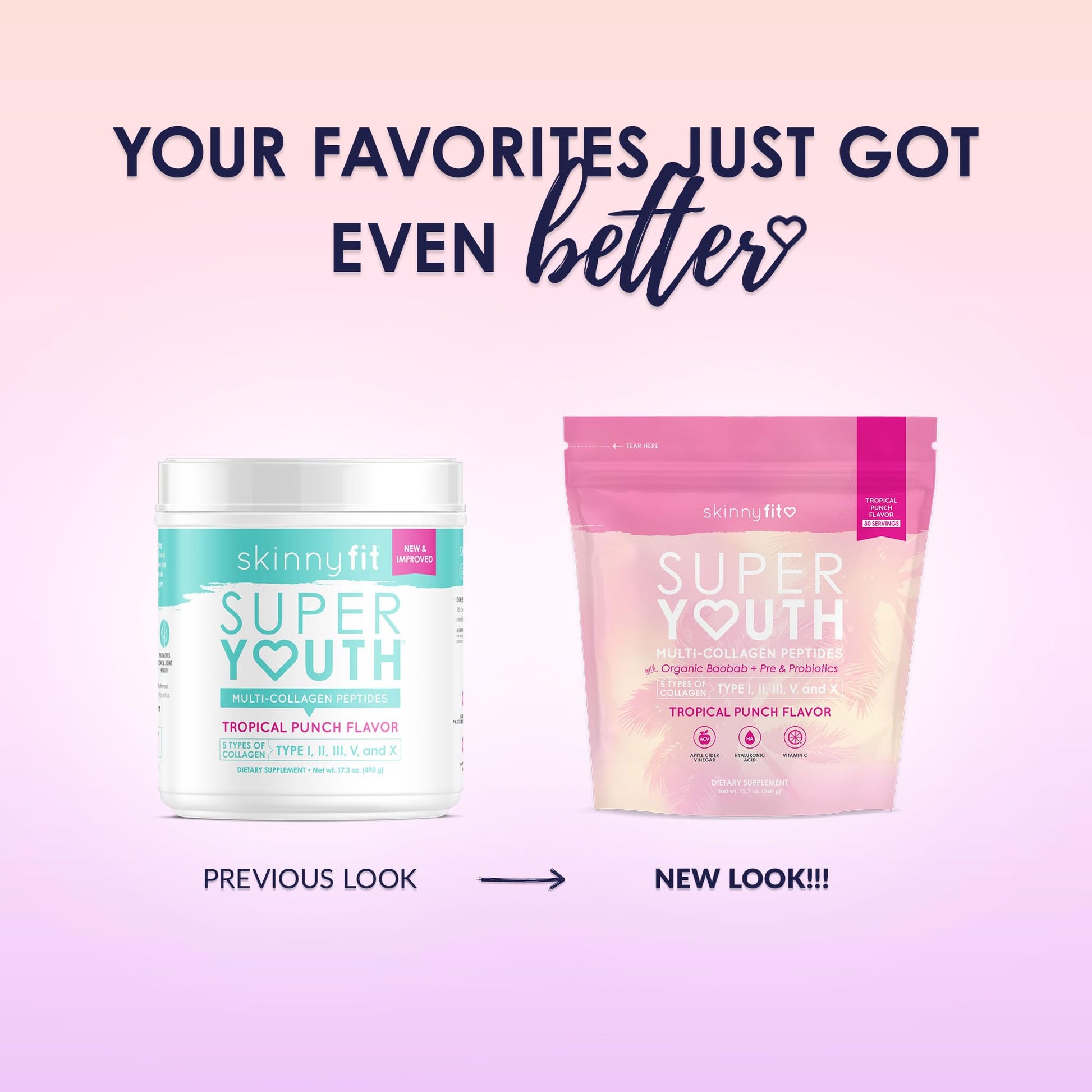 SkinnyFit Super Youth Tropical Punch Multi-Collagen Peptides + Probiotics, Baobab Fiber SkinnyFitBuy Supplements Australia