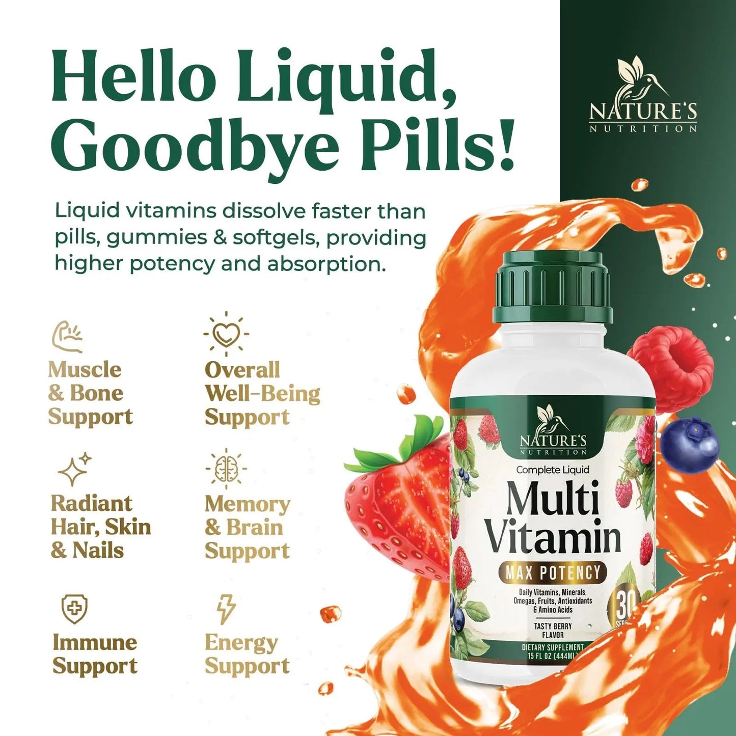 Liquid Multivitamin - Sugar Free Daily Multi Vitamin for Women, Men & Kids, Vitamins A, C, D, B-12, Biotin & Zinc - Supports Faster Hair Growth Nature's Nutrition