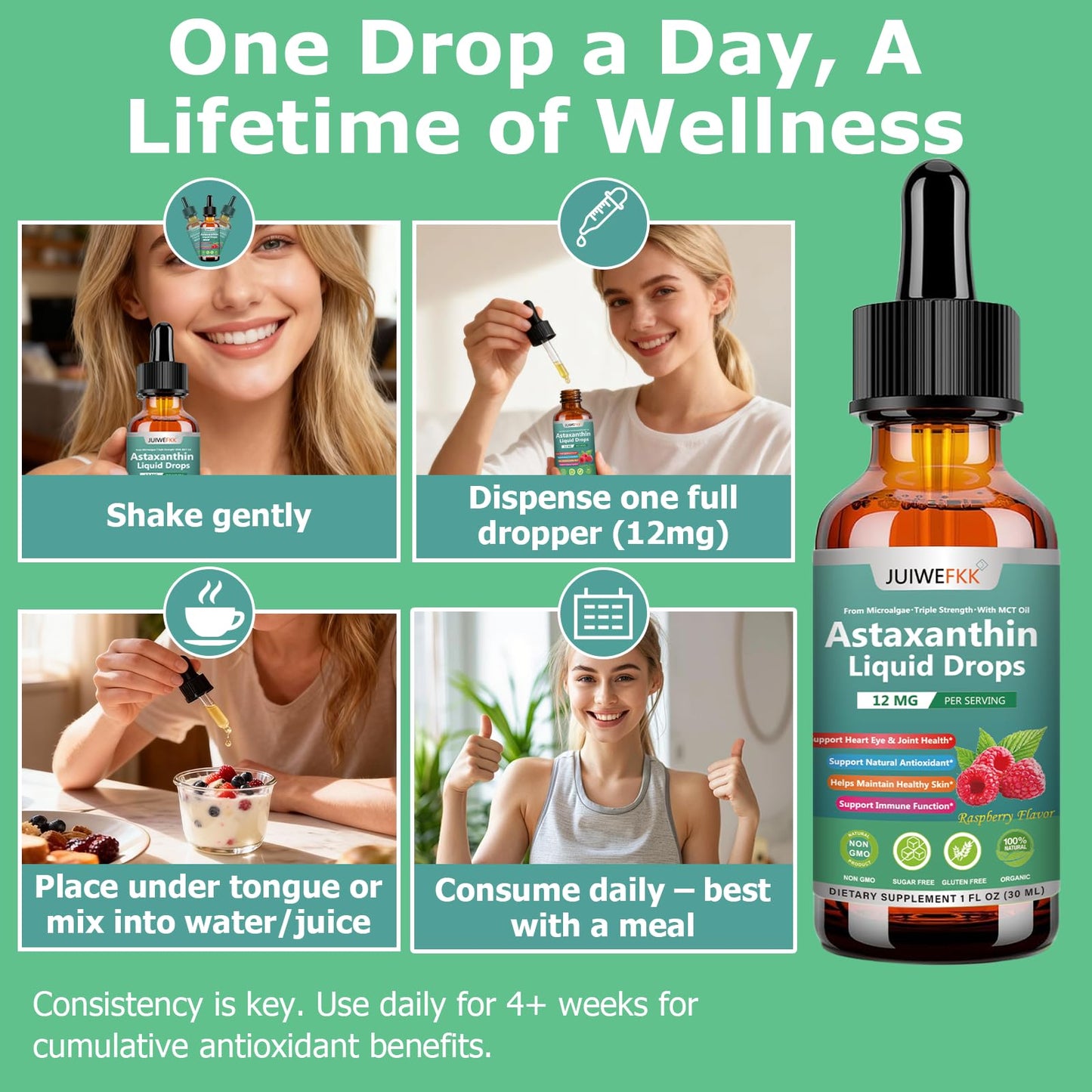 JUIWEFKK Astaxanthin Supplement 12mg Liquid Drops, Premium Natural Astaxanthin Antioxidant from Fresh Microalgae Source w. Mct Oi for Eye Immune Joint Skin Health, Liquid Formula for Max Absorption JUIWEFKKBuy Supplements Australia