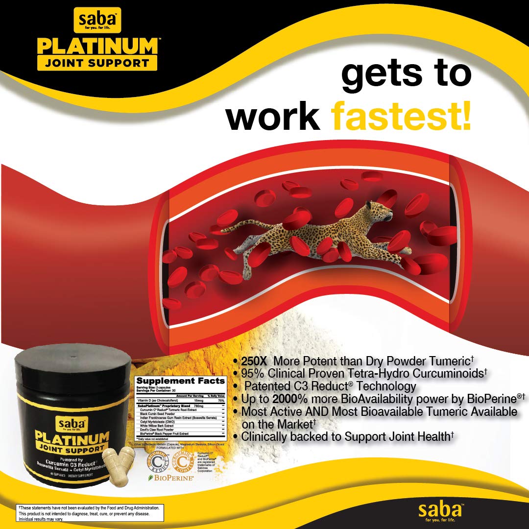 Saba Platinum Joint Support – High Absorption Curcumin C3 Reduct & Boswellia – Fast Acting Turmeric Supplement for Joint Pain Relief, Mobility & Healthy Inflammation Response – 60 Vegan Capsules SabaBuy Supplements Australia