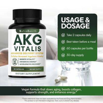 AKG Anti-Aging & Energy Boost Supplement with Vitamin B6, Vitamin C & L-Arginine – 60 Capsules for Youthful Skin, Cellular Renewal & Vitality Support Arazo NutritionBuy Supplements Australia