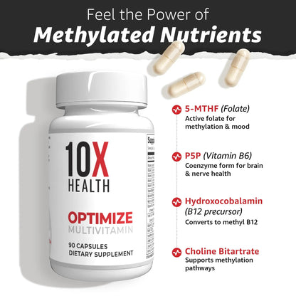10X Health Optimize Multivitamin for Men - 90 Capsules, Methylated Multivitamin 34 in 1 Formula with 800 mcg of Vitamin B12, 5-MTHF, NAC - Methyl B Complex 10X Health SystemBuy Supplements Australia
