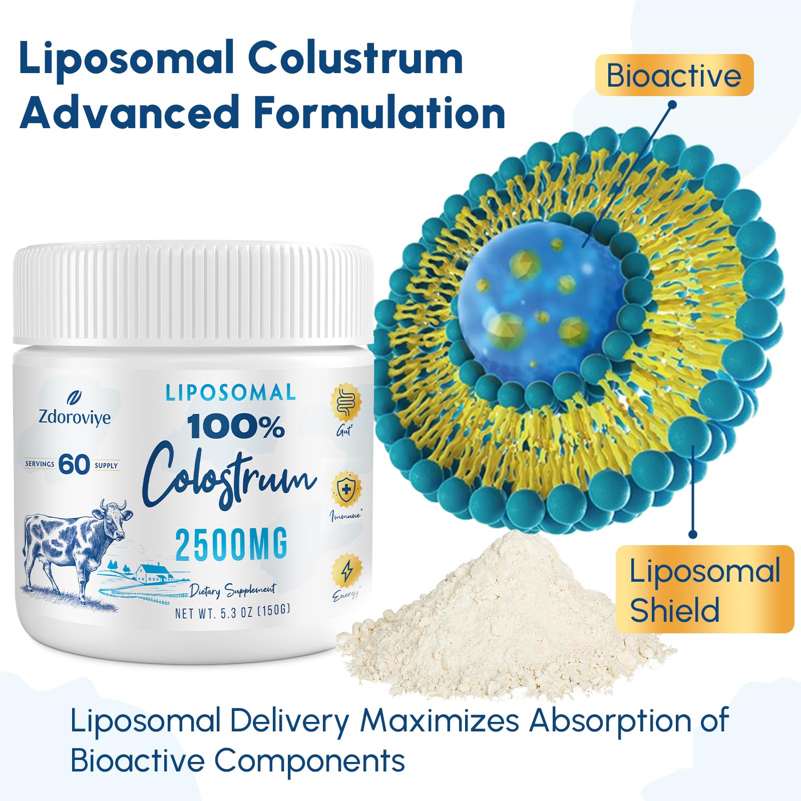 Zdoroviye Liposomal Bovine Colostrum Powder Supplement 2500 mg, Higher Absorption Than Regular Bovine Colostrum (60 Servings) ZdoroviyeBuy Supplements Australia