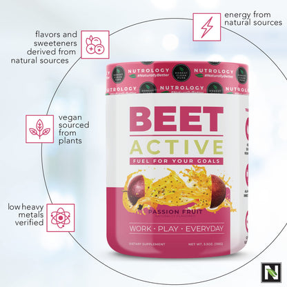 Nutrology Beet Active, Natural Pre-Workout Powder, Supports Energy, Endurance & Nitric Oxide Flow with Beet Powder, Yerba Mate & Electrolytes, Vegan Pre Workout, Passion Fruit Flavor, 30 Servings