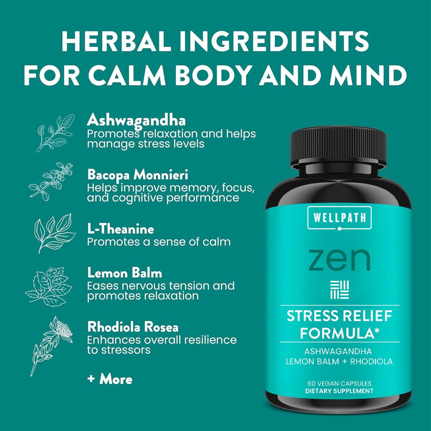 WellPath Zen Stress Relief Supplement + Mood Support | Calm, Stress & Energy Support | Ashwagandha Root, Rhodiola Rosea, L-Theanine, Lemon Balm | Herbal Capsules, 60 Ct WellPathBuy Supplements Australia