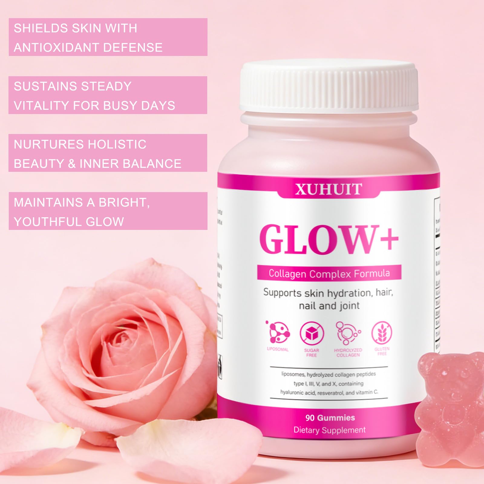 PBZPBZ Glow Collagen Gummies with Hyaluronic Acid & Resveratrol | Gentle Support for Skin, Hair & Nail Care | Non-GMO | 90 Count (1) PBZPBZBuy Supplements Australia