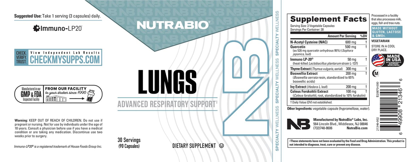 NutraBio Lungs Supplement - Blend of Immuno-LP20 and Natural Extracts to Help Support Respiratory & Immune Health - 90 Capsules NutraBioBuy Supplements Australia