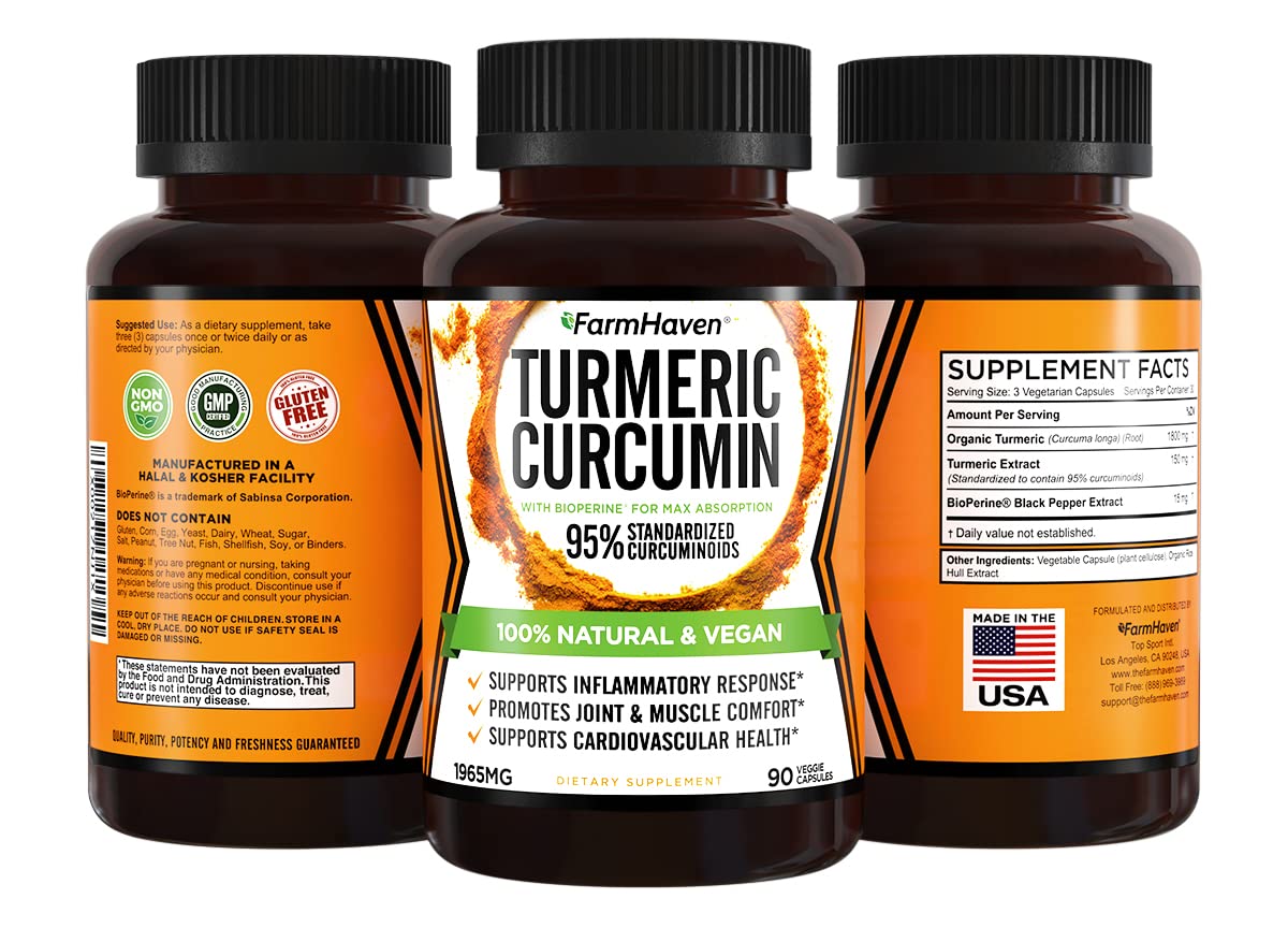 Turmeric Curcumin with BioPerine Black Pepper & 95% Curcuminoids, 1965mg, Maximum Absorption for Joint Support, Non-GMO Turmeric Capsules,