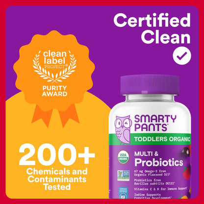 SmartyPants Organic Toddler Multivitamin Gummies: Probiotics, Omega 3 (ALA), Vitamin D3, C, Vitamin B12, B6, A, K & Zinc, Beta Carotene, Gluten Free