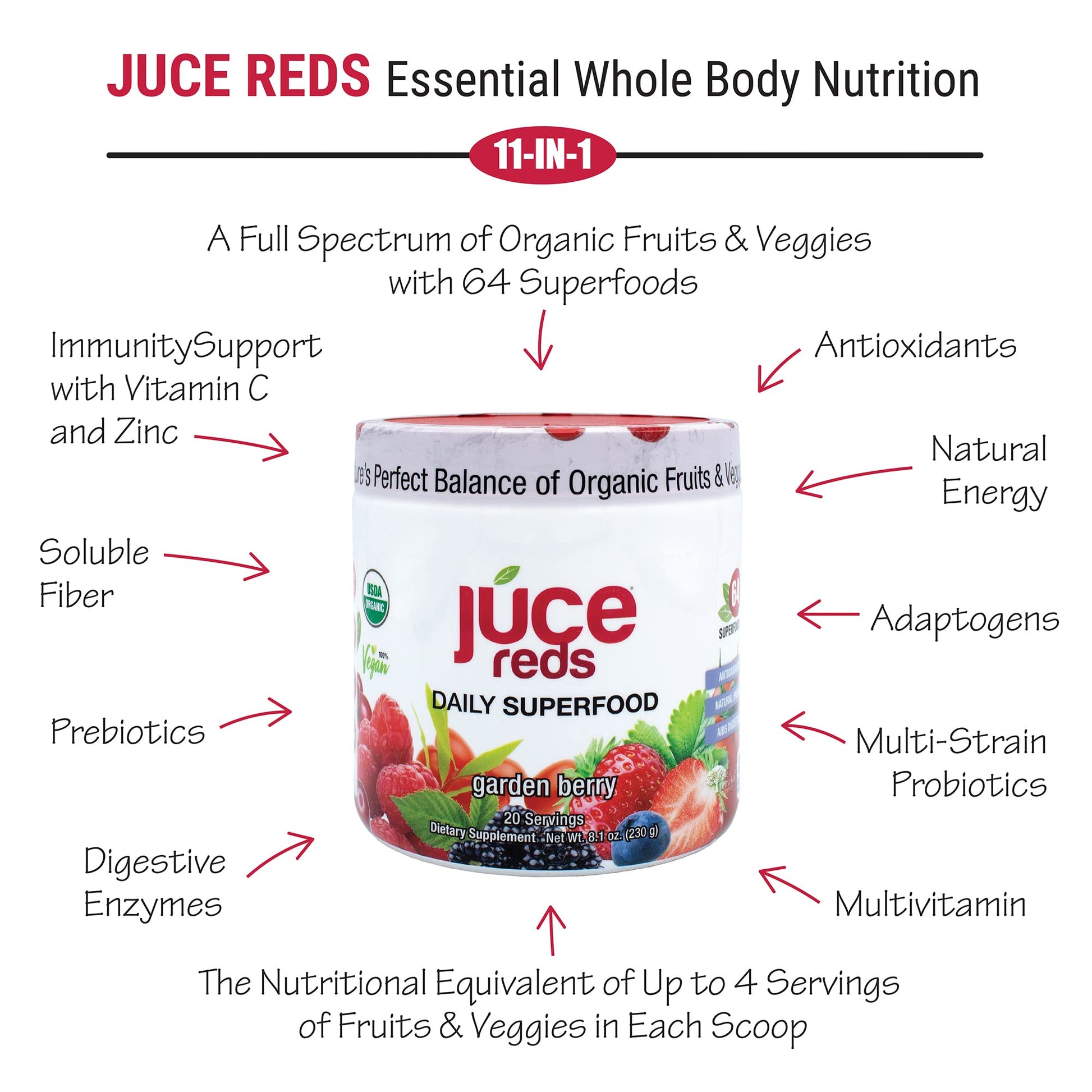 Terra Kai Organics JUCE Reds Organic Superfood Powder - Garden Berry Flavor | Fruit & Veggie Powder for Everyone w/64 Immune Boosting Superfood Plus Probiotics for Gut Health | 20 Servings (230g) Terra Kai OrganicsBuy Supplements Australia