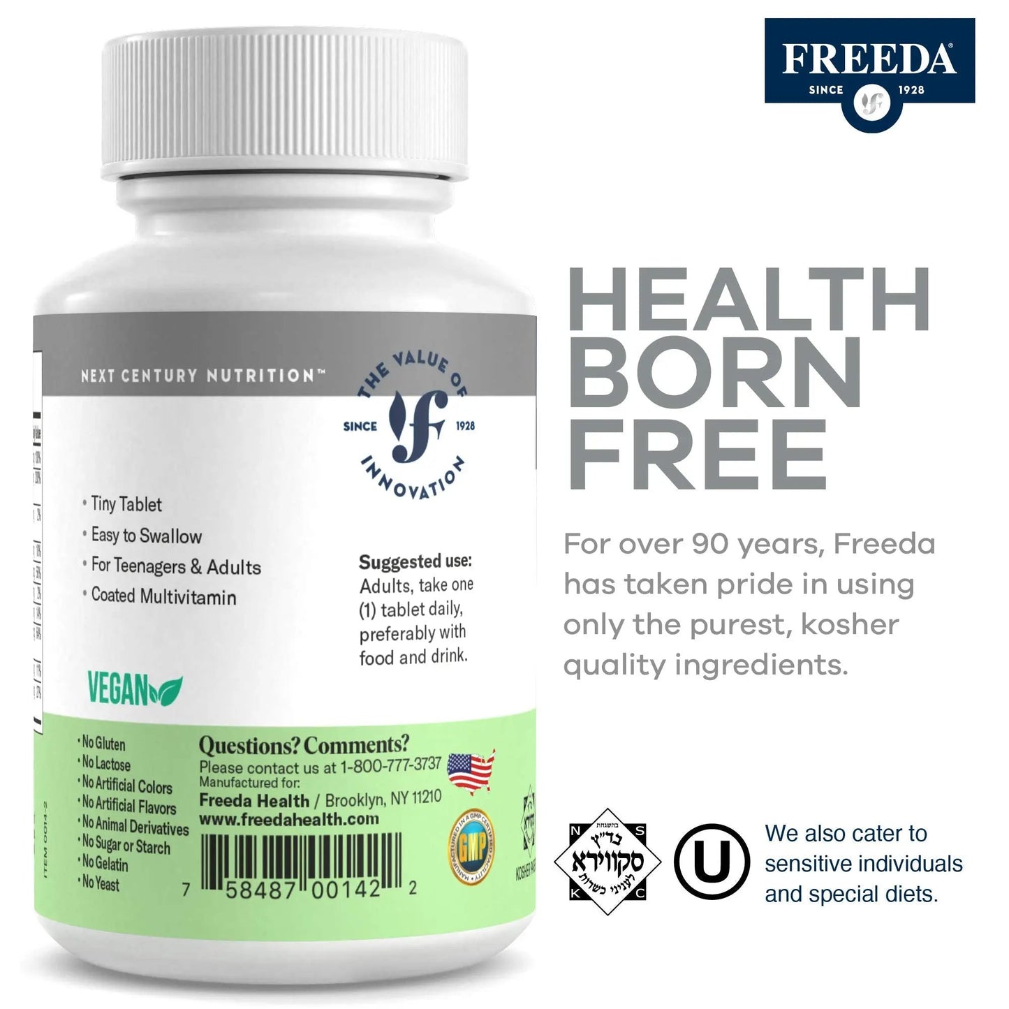 Freedavite Tiny Tablet - Moderate Multivitamin for Men and Women - Pure Vitamin A, C, D, E, B1, B2, B6, B12, Biotin, Calcium, Zinc, Iron, Magnesium FREEDA