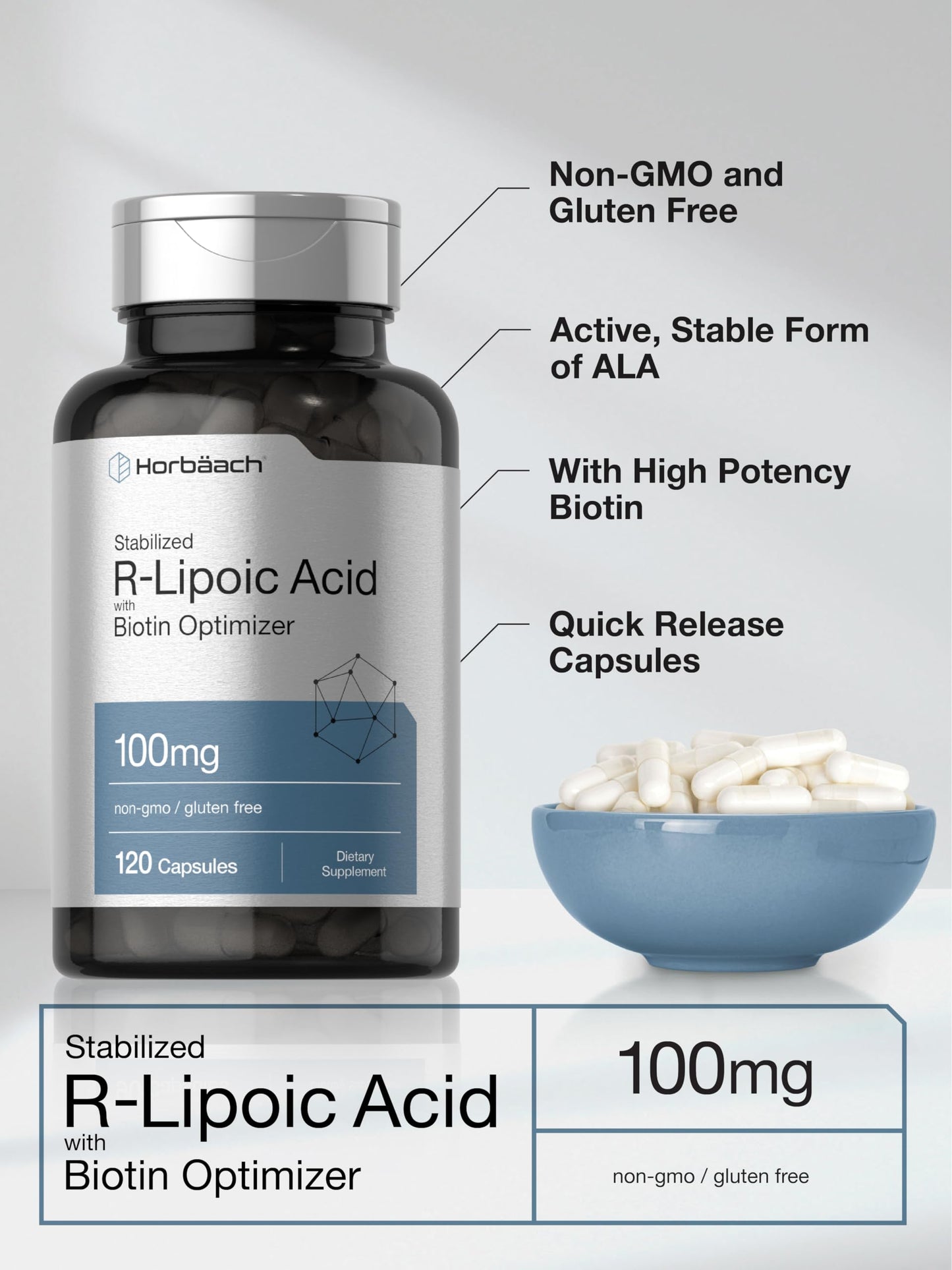 R-Lipoic Acid 100 mg | 120 Capsules | with Biotin Optimizer | Non-GMO, Gluten Free HorbäachBuy Supplements Australia