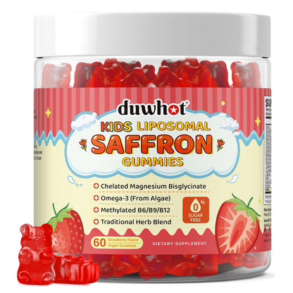 Liposomal Saffron Gummies for Kids 4+, Saffron Supplements w/Holy Basil, Rosemary, Magnesium Glycinate, Omega-3 & More, Brain Focus Support Supplement, Vegan, Organic, Sugar Free, 60 Chewables duwhotBuy Supplements Australia