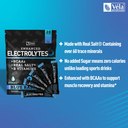 Enhanced Powder Stick Packs (Blue Raspberry - 20 Packets) Sugar Free + BCAA B-Vitamin Zeal NaturalsBuy Supplements Australia