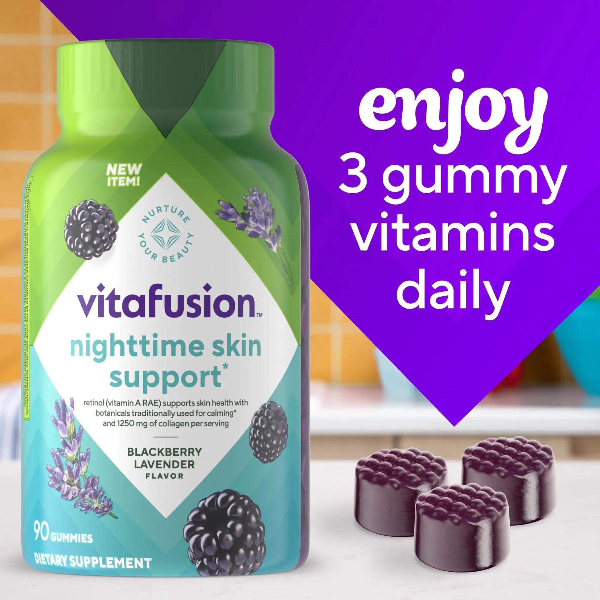 vitafusion Nighttime Skin Support (1), Beauty Supplement with Retinol (Vitamin A RAE), Collagen & Bedtime Botanicals Vitafusion