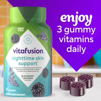 vitafusion Nighttime Skin Support (1), Beauty Supplement with Retinol (Vitamin A RAE), Collagen & Bedtime Botanicals Vitafusion