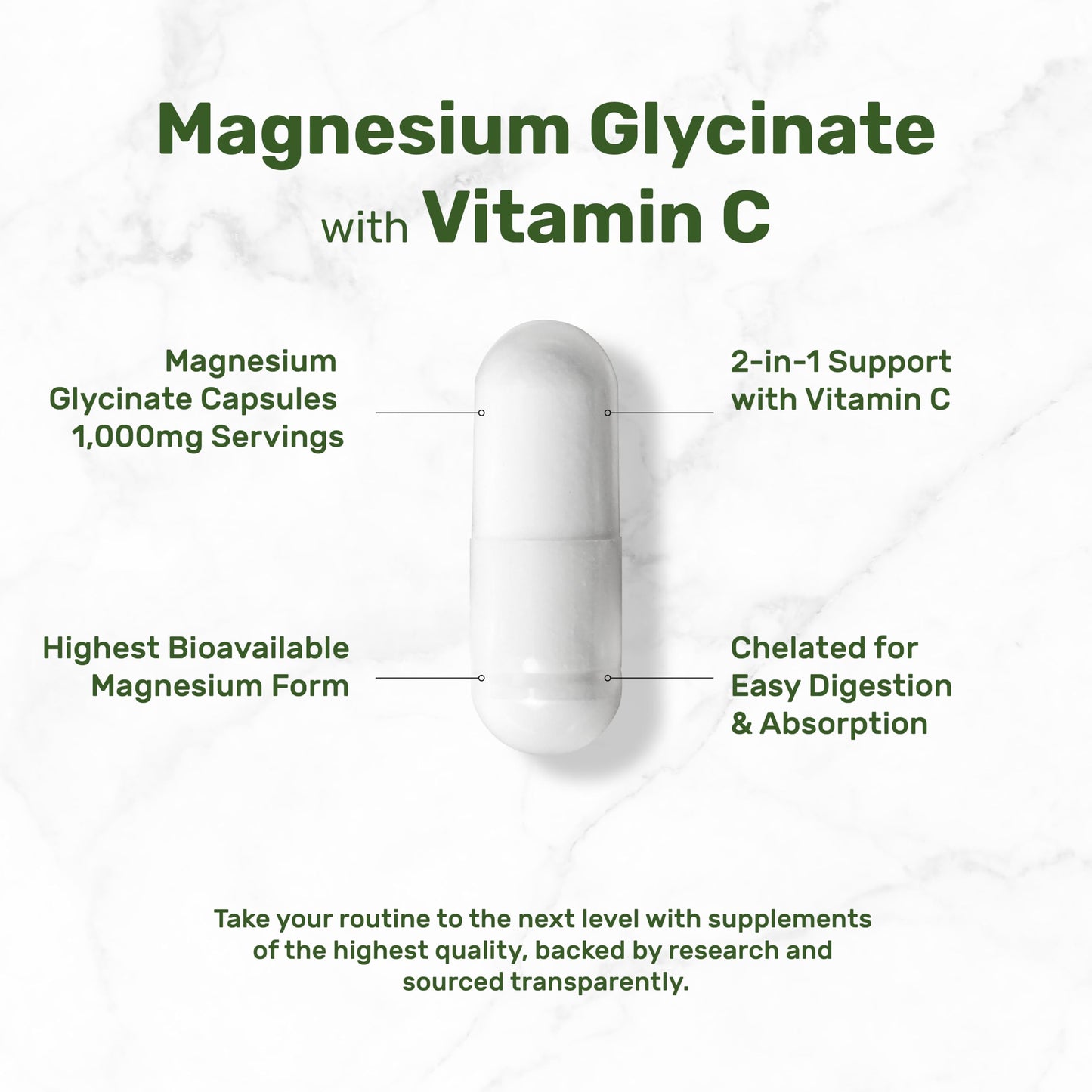 Magnesium Glycinate 500mg Per Capsule (1000mg Per Serving) Plus Vitamin C, 240 Capsules – 100% Chelated for Easy Absorption
