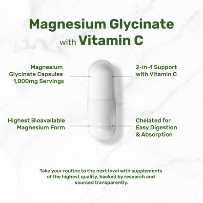 Magnesium Glycinate 500mg Per Capsule (1000mg Per Serving) Plus Vitamin C, 240 Capsules – 100% Chelated for Easy Absorption