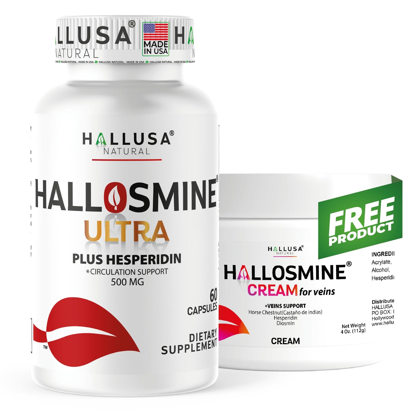 Hallosmine Ultra 650mg Diosmin Hesperidin, 60 Capsules + FREE Leg Cream with Diosmin, Hesperidin & Horse Chestnut, 4 oz | Blood Circulation & Vein Support Supplement, GMO Free, Gluten Free Hallusa NaturalBuy Supplements Australia