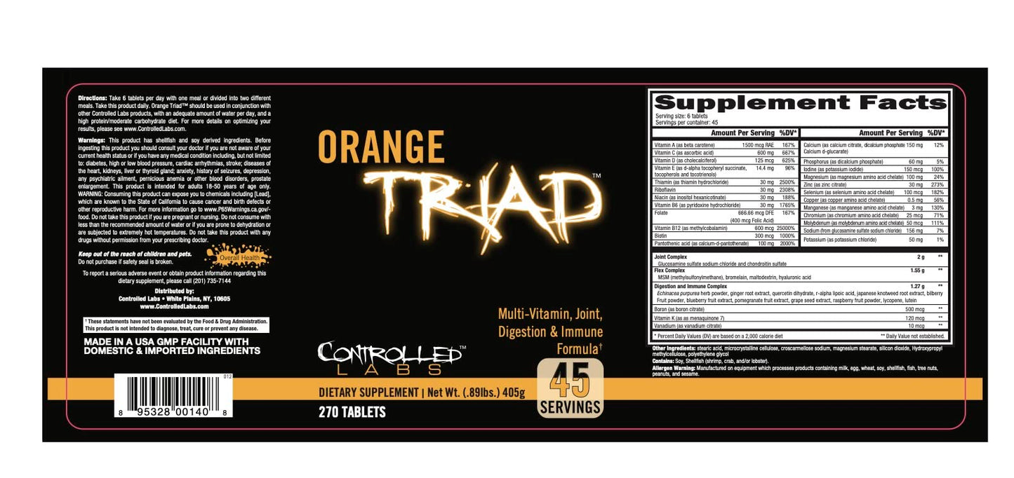 CONTROLLED LABS Orange Triad Daily Multivitamin, Iron Free Sports Supplement for Workout, Digestion, Immune, and Joints, 45 serv - Tablets (270 Count (Pack of 1)) CONTROLLED LABSBuy Supplements Australia