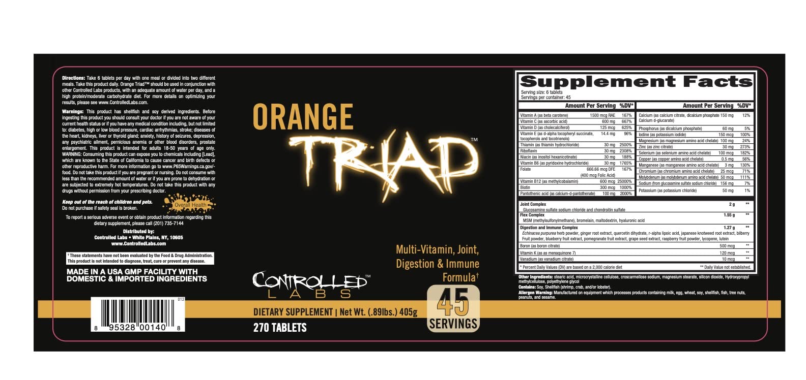 CONTROLLED LABS Orange Triad Daily Multivitamin, Iron Free Sports Supplement for Workout, Digestion, Immune, and Joints, 45 serv - Tablets (270 Count (Pack of 1)) CONTROLLED LABSBuy Supplements Australia