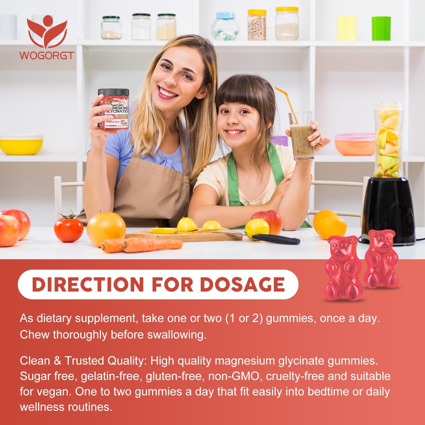 Magnesium Glycinate Gummies for Kids & Adults - Relaxation & Cognition Support - 400/200mg Magnesium Supplement with L-Theanine, Chamomile, B6, D3 & K2