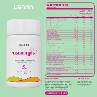 USANA Usanimals Multivitamin for Kids - Daily Chewable Tablets with Vitamins A, C, D, E, B6, B12, Zinc, Iron - Supports Immune, Bone & Brain Health USANA