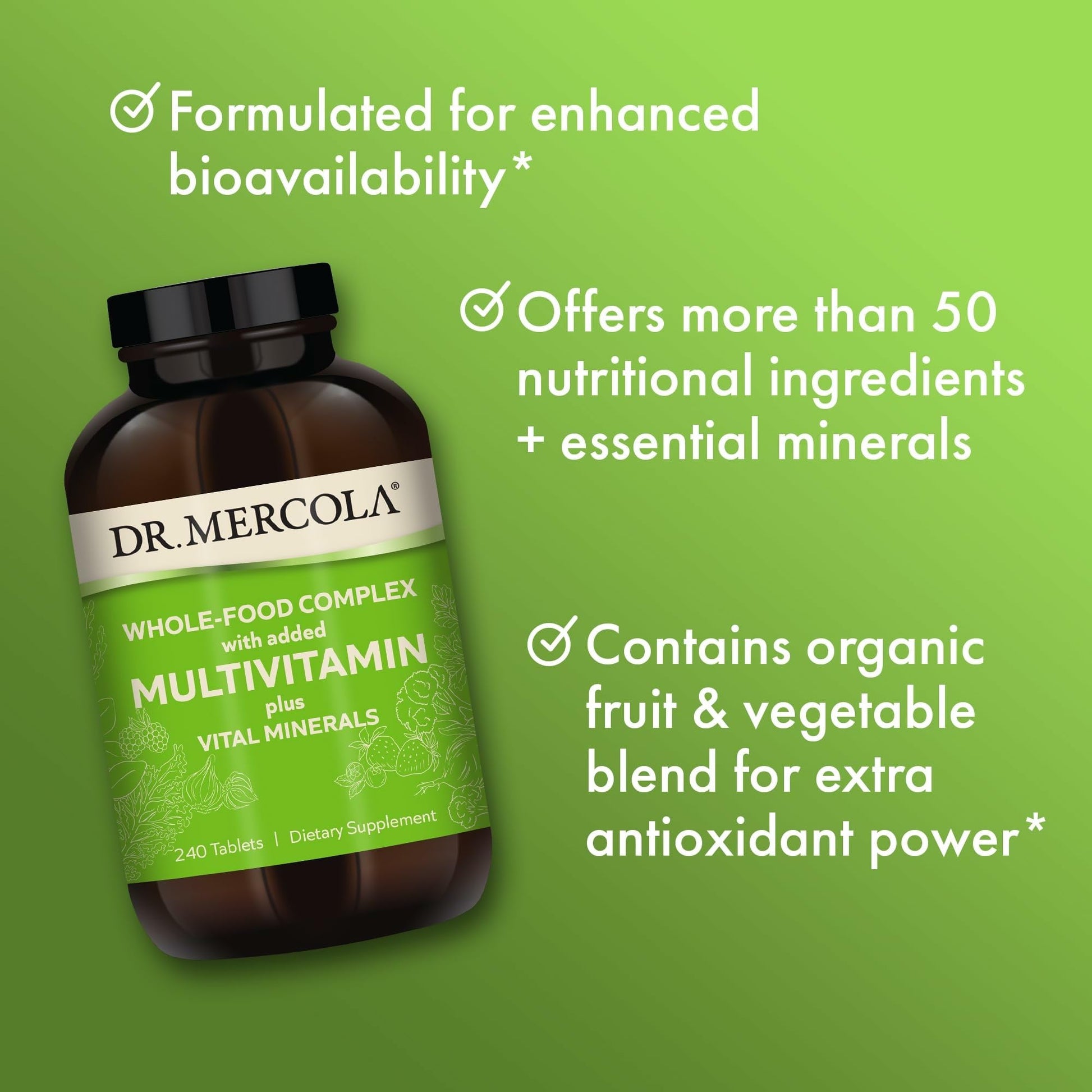 Dr. Mercola Whole-Food Complex with Added Multivitamin Plus Vital Minerals - Supports Nutrition & Immune Support - Bioavailable - GMO Free - 240 Tablets (30 Servings) Dr. MercolaBuy Supplements Australia