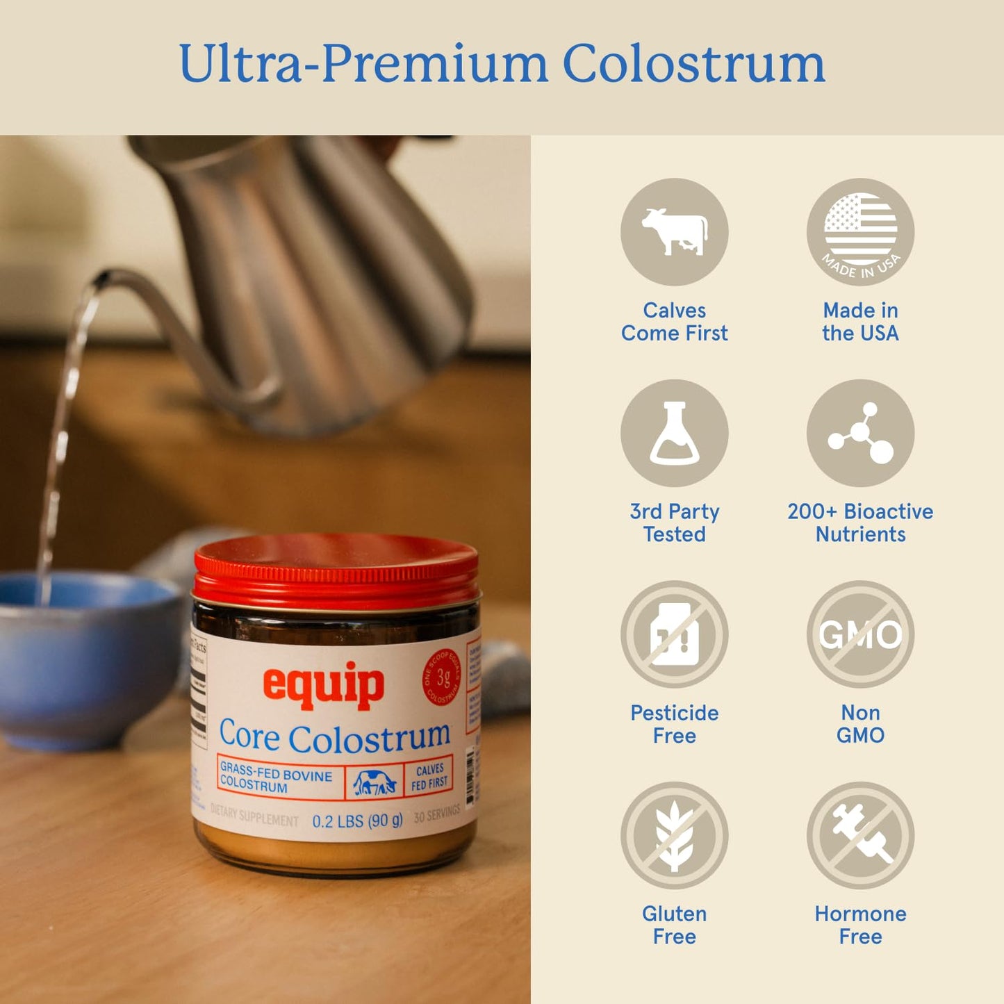 Equip Foods Core Bovine Colostrum Powder - 3,000mg Grass Fed Colostrum Supplement - Gut Health, Immunity, Recovery Lactoferrin Supplements - Keto Friendly Bovine Colostrum, 30 Servings, Unflavored EquipBuy Supplements Australia