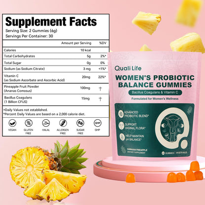 QualiLife Premium Feminine Balance Gummies for Women – Probiotic Vaginal Health Support with Vitamin C – pH Balance & Flora Support – Sugar Free, Vegan, Hawaiian Pineapple Flavor – 60 Gummies (1) QualiLifeBuy Supplements Australia