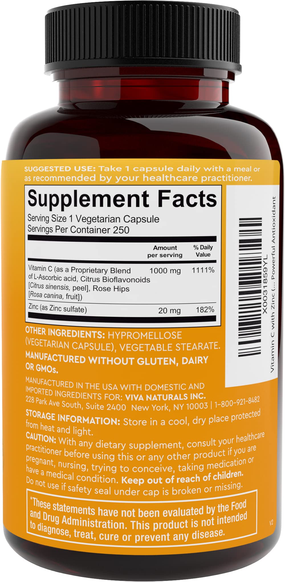 Viva Naturals Vitamin C and Zinc Supplement (250 Capsules) - 1000 mg Vitamin C with Zinc 20 mg Antioxidant Supplements for Immune Support, Vitamin Supplement for Adults Viva NaturalsBuy Supplements Australia