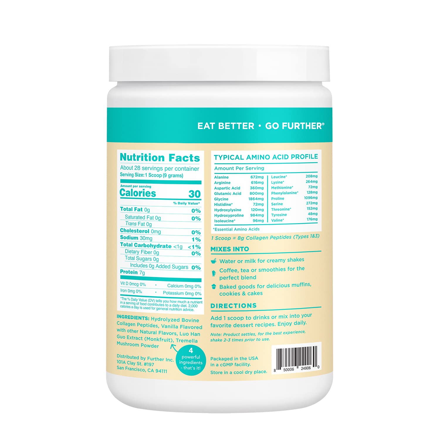 Further Food Collagen Peptides Powder Vanilla Flavored Keto Grass-Fed Collagen Type Further FoodBuy Supplements Australia