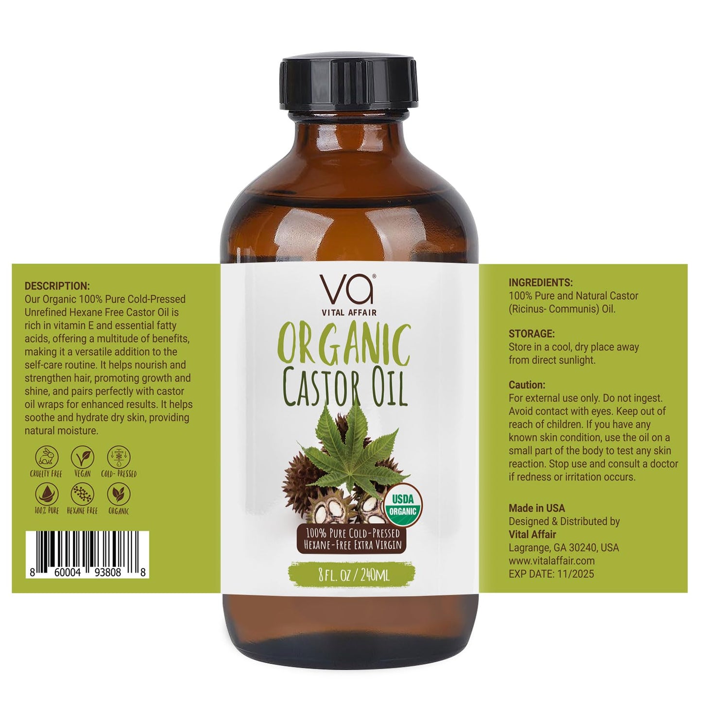 VITAL AFFAIR Castor Oil Organic Cold Pressed Unrefined Glass Bottle- USDA Certified Organic Castor Oil VITAL AFFAIRBuy Supplements Australia