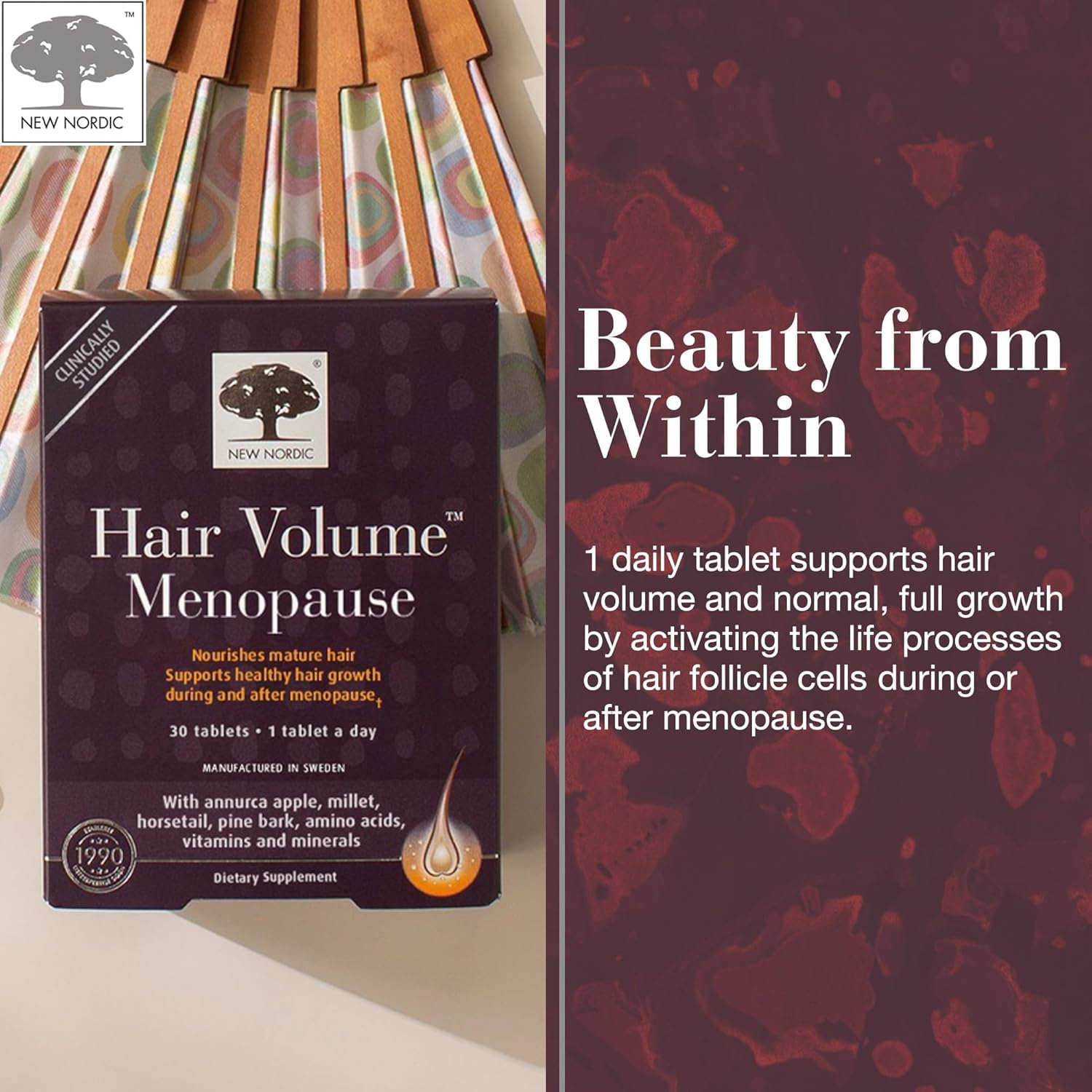 New Nordic Hair Volume Menopause, Supports Healthy Hair Growth During and After Menopause, Pine Bark and Annurca Apple Extract, 30 Tablets NEW NORDICBuy Supplements Australia