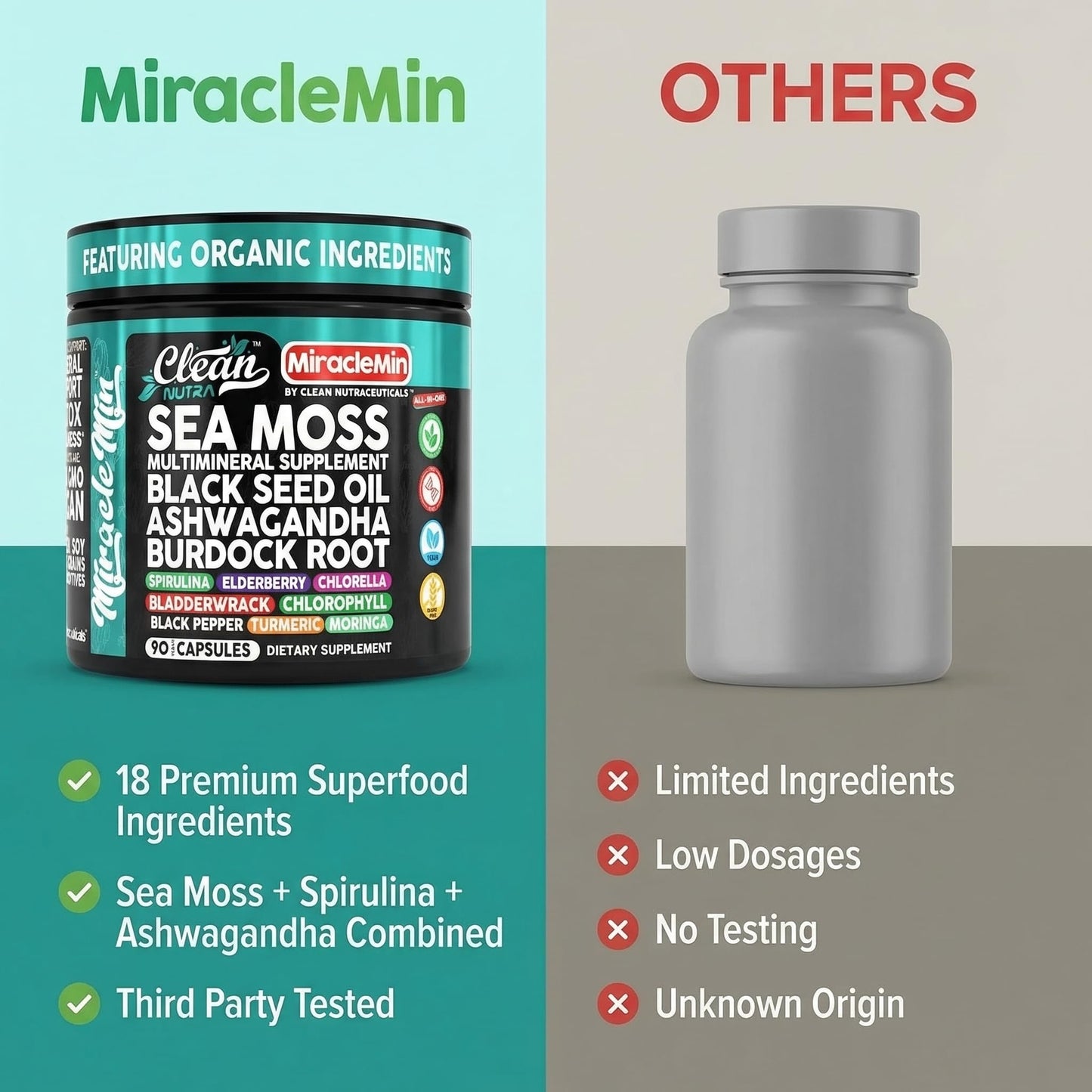 Clean Nutra Organic Sea Moss Capsules with Ashwagandha, Black Seed Oil, Burdock Root, Bladderwrack, Moringa, Chlorella, Spirulina, Turmeric, Elderberry, Amla – 90 Vegan Capsules – MiracleMin Clean NutraceuticalsBuy Supplements Australia