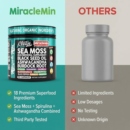 Clean Nutra Organic Sea Moss Capsules with Ashwagandha, Black Seed Oil, Burdock Root, Bladderwrack, Moringa, Chlorella, Spirulina, Turmeric, Elderberry, Amla – 90 Vegan Capsules – MiracleMin Clean NutraceuticalsBuy Supplements Australia