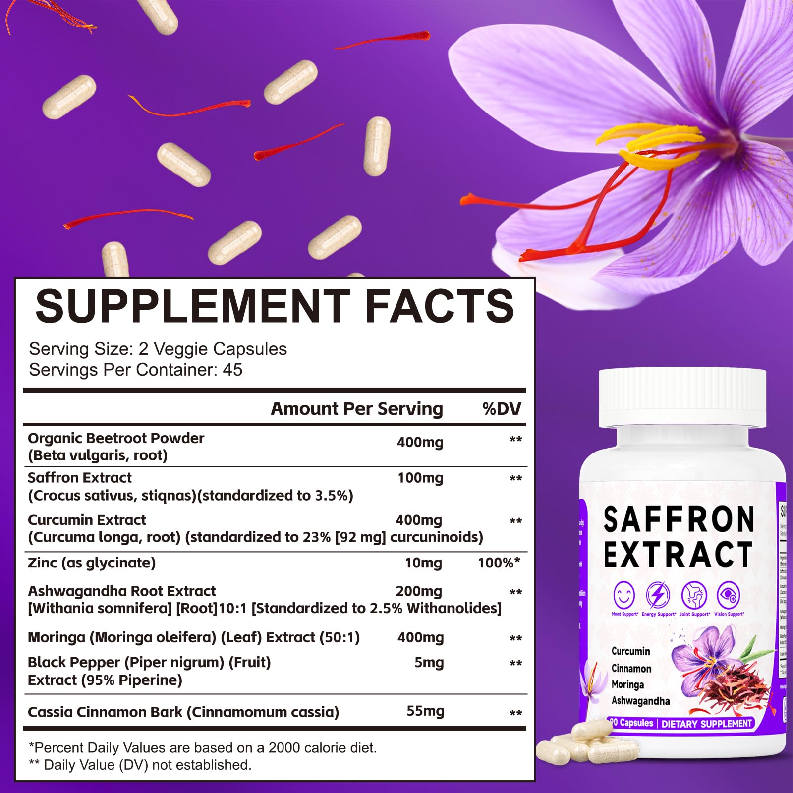 Happy Saffron Supplements, 100mg Saffron Extract, Saffron Blend with Turmeric & Ashwagandha, Supports Mood, Focus, and Energy Boost, 90 Capsules MossllyBuy Supplements Australia