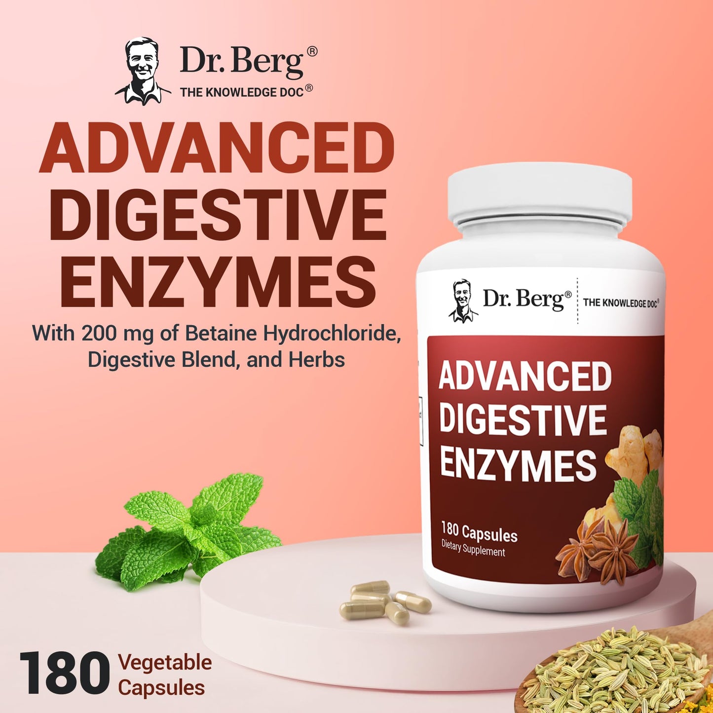Dr. Berg Advanced Digestive Enzymes with Apple Cider Vinegar - Includes Digestive Health Ingredients Like Betaine Hydrochloride (HCI), Ginger Root & Peppermint Leaf - 180 Capsules Dr. Berg NutritionalsBuy Supplements Australia