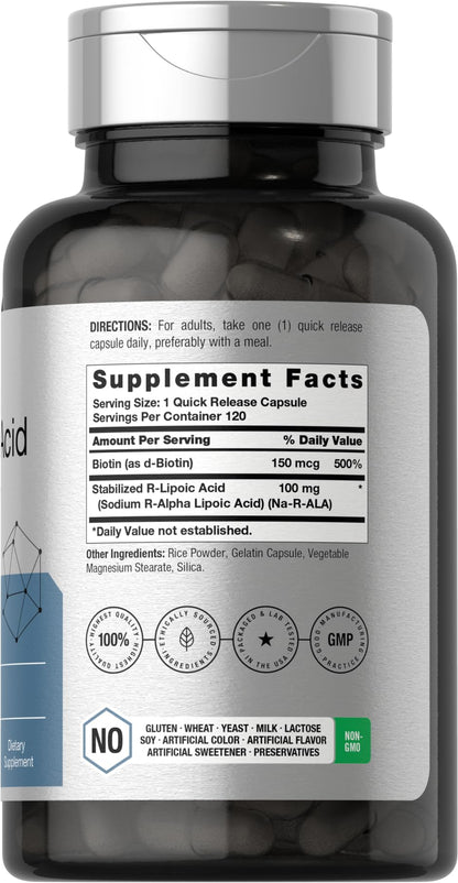 R-Lipoic Acid 100 mg | 120 Capsules | with Biotin Optimizer | Non-GMO, Gluten Free HorbäachBuy Supplements Australia