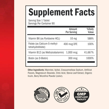 BioSchwartz Bariatric B12 Plus Dissolvable Tablets - 1000mcg Vitamin B12, Vitamin B6, Folate, Biotin - Cherry Strawberry Flavor BioSchwartz